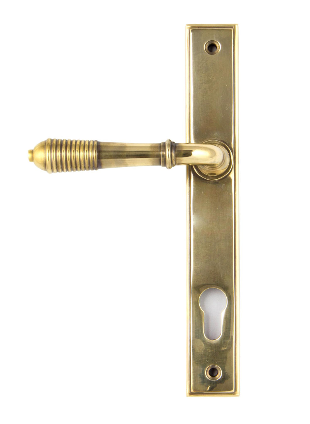 33039 Aged Brass Reeded Slimline Lever Espag. Lock Set