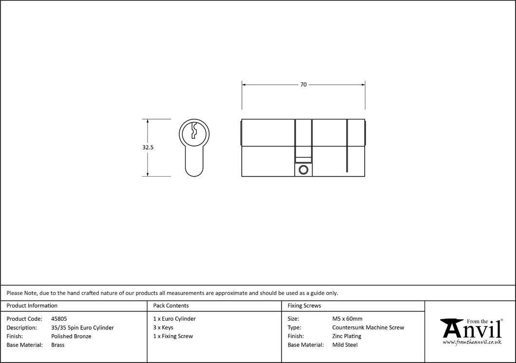 45805 Polished Bronze 35/35 5pin Euro Cylinder